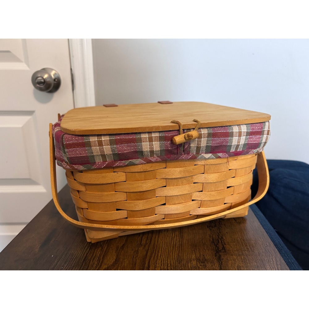 Woven Wood Picnic Basket with Hinged Lid Plaid Liner and Wooden Riser Insert